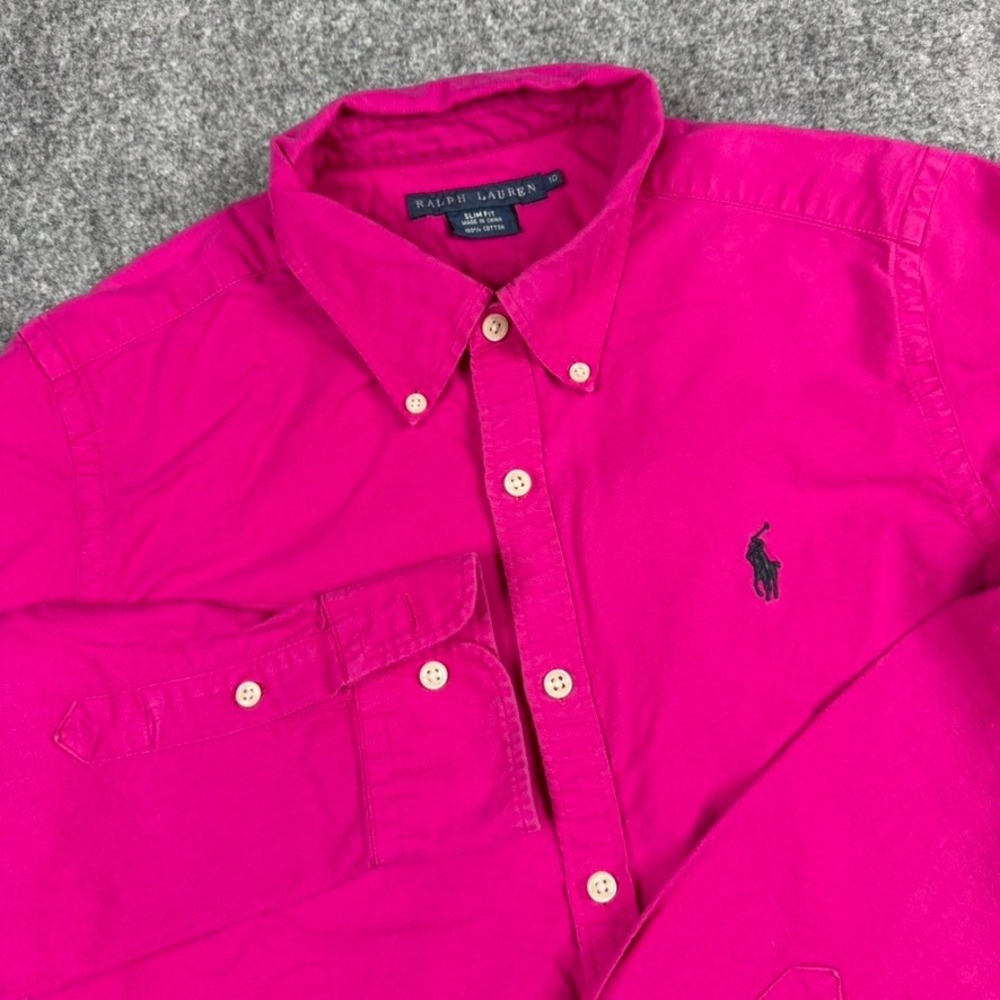 Polo Ralph Lauren Button Down Shirt Womens 10 Pink Slim Cotton Long Sleeve Logo